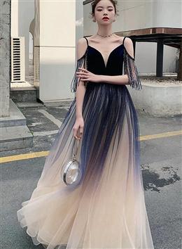 Picture of Pretty Tulle Blue Gradient V-neckline Straps Formal Dresses, A-line Tulle Formal Dresses